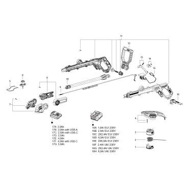 Esploso ricambi Tagliabordi a batteria SKIL 0231 CA 25 cm 20 V Brushless